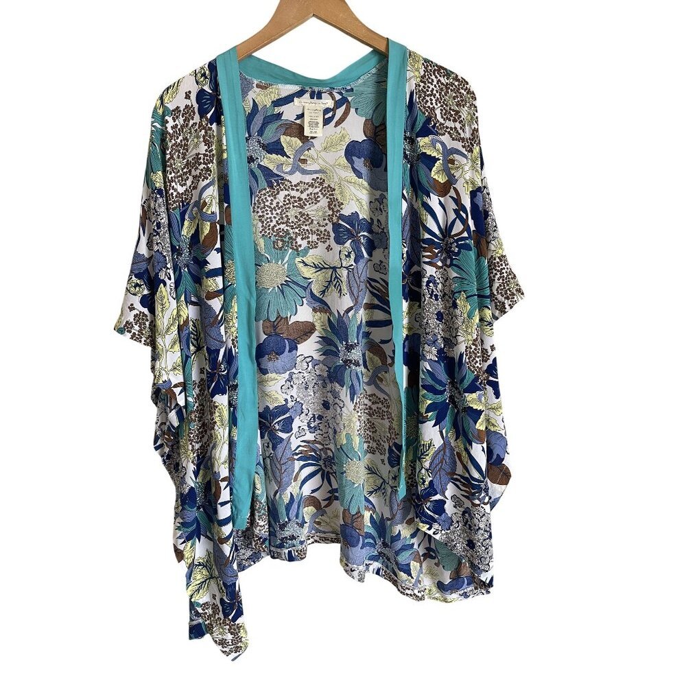 Floral Open-Front Kimono Cardigan in Teal and Blue